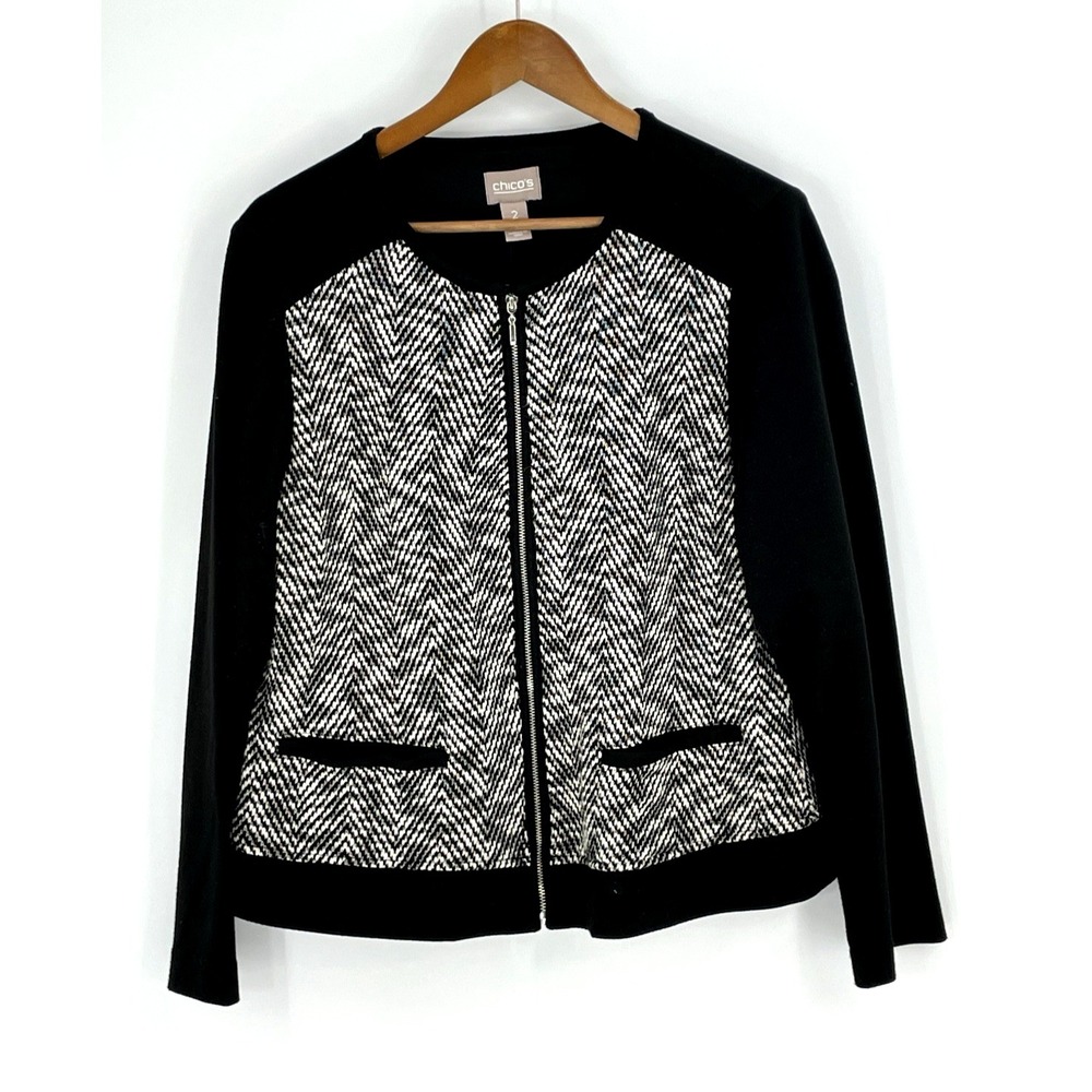 Chico's Sz 2 Herringbone Knit Jackt Black Gray Full Zipper Business Professional